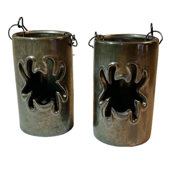 Set of 2 Dark Iridescent Ceramic Spider Cutout Shaped Hanging Candle Lanterns - Picture 2 of 8